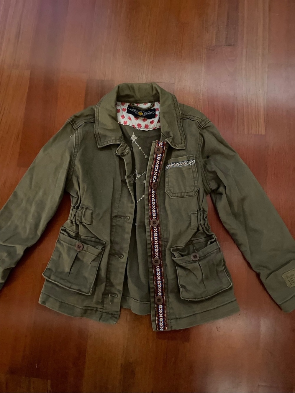 Lucky Brand Olive Green Girls' Military Field Jacket with Embroidered Trim